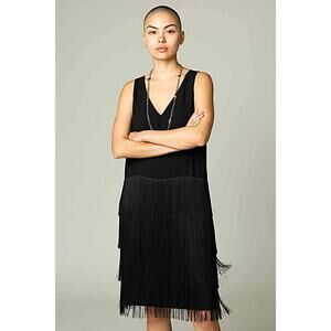 Vintage Lilli Diamond Black Fringe Cocktail Dress 60s 70s Crepe Slvless Flapper